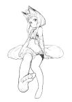  1girl ahoge animal_ear_fluff animal_ears bare_legs bare_shoulders barefoot bike_shorts blush commentary fox fox_ears fox_tail greyscale invisible_chair jaco large_tail looking_at_viewer monochrome off_shoulder original see-through short_hair short_hair_with_long_locks sidelocks sitting smile soles solo sports_bra tail thick_eyebrows 