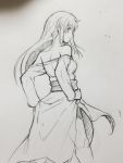  1girl arc_the_lad arc_the_lad_ii bare_shoulders breasts closed_mouth commentary_request dress highres hosshi_(nariagari) lieza long_hair looking_at_viewer monochrome off-shoulder_dress off_shoulder simple_background sketch solo standing traditional_media 
