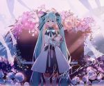  1girl alternate_costume arm_at_side bangs black_bow blue_bow blue_eyes blue_hair blue_neckwear blush bouquet bow bowtie closed_mouth collared_dress dress feet_out_of_frame flower gloves hair_bow happy_birthday hatsune_miku highres holding holding_bouquet instrument layered_dress long_hair looking_at_viewer piano pink_lips pleated_dress rose shiny shiny_hair signature sleeveless sleeveless_dress smile solo standing striped striped_bow sumery transparent twintails very_long_hair vocaloid white_dress white_flower white_gloves white_rose wind wing_collar 