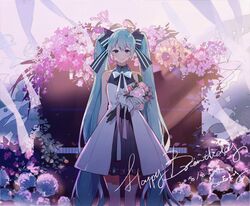  1girl alternate_costume arm_at_side bangs black_bow blue_bow blue_eyes blue_hair blue_neckwear blush bouquet bow bowtie closed_mouth collared_dress dress feet_out_of_frame flower gloves hair_bow happy_birthday hatsune_miku highres holding holding_bouquet instrument layered_dress long_hair looking_at_viewer piano pink_lips pleated_dress rose shiny shiny_hair signature sleeveless sleeveless_dress smile solo standing striped striped_bow sumery transparent twintails very_long_hair vocaloid white_dress white_flower white_gloves white_rose wind wing_collar 