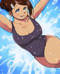  1girl asahina_aoi blue_background blue_eyes breasts brown_hair cleavage competition_swimsuit dangan_ronpa dangan_ronpa_1 dark_skin high_ponytail looking_at_viewer one-piece_swimsuit ponytail solo swimsuit water 