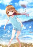  1girl :d bangs bare_legs barefoot blue_shirt blue_sky blurry blurry_background blush brown_eyes brown_hair character_name clothes_writing clouds cloudy_sky cute day depth_of_field eyebrows_visible_through_hair flat_cap grey_hat hat hataraku_saibou highres long_hair ocean open_mouth outdoors platelet_(hataraku_saibou) sawa_(sawasaku) shirt short_sleeves sky smile solo standing upper_teeth very_long_hair water 