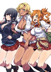  3girls angelo_(gomahangetsu) animal_print badge bag bangs belt black_hair blonde_hair blue_eyes blue_jacket blush bow bowtie bra breasts brown_bra button_badge choker cleavage closed_mouth clothes_around_waist dark_skin dress_shirt earrings ganguro green_eyes gyaru hair_between_eyes highres hips hirakawa_natsumi_(jk_bitch_sannin_musume!) hoop_earrings jacket jewelry jk_bitch_sannin_musume! kneehighs large_breasts leopard_print long_hair medium_breasts midriff multiple_girls navel nishizawa_shizuku open_mouth orange_hair plaid plaid_skirt pleated_skirt red_skirt sasamori_anna school_uniform scrunchie shirt shoulder_bag side_ponytail simple_background skirt smile swept_bangs tan thighs tied_shirt underwear waist wavy_hair white_background yellow_eyes 