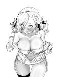  1girl ass_visible_through_thighs bangs blush breasts cleavage cleavage_cutout eyebrows_visible_through_hair flower girls_frontline greyscale hair_flower hair_ornament highres large_breasts looking_at_viewer monochrome navel shiny shiny_skin skindentation solo spas-12_(girls_frontline) sweat swept_bangs swimsuit swimsuit_under_clothes thigh_strap uleuleuleu white_background 