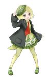  1girl :d black_jacket blonde_hair eyebrows_visible_through_hair frilled_skirt frills full_body green_eyes green_shirt hat ise_(0425) jacket kemono_friends legs_apart leopard_tortoise_(kemono_friends) long_sleeves looking_at_viewer necktie open_mouth print_skirt red_neckwear shirt short_hair simple_background skirt smile solo standing tail turtle_shell white_background wide_sleeves 