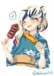  1girl alternate_hairstyle blonde_hair blue_eyes blue_hair blue_kimono blush breasts commandant_teste_(kantai_collection) corn ebifurya eyebrows_visible_through_hair floral_print food highres holding holding_food ikayaki japanese_clothes kantai_collection kimono long_hair looking_at_viewer mask mask_on_head multicolored_hair musical_note nail_polish obi one_eye_closed open_mouth redhead sash seaplane_tender_water_hime simple_background smile solo spoken_musical_note squid white_background yukata 