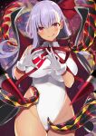  1girl :q asymmetrical_bangs bangs bb_(fate)_(all) bb_(fate/extra_ccc) blurry breasts cape closed_mouth commentary_request cowboy_shot dark_skin depth_of_field eyebrows_visible_through_hair fate/extra fate/extra_ccc fate/grand_order fate_(series) gloves hair_between_eyes hands_up heart heart_hands highleg highleg_leotard highres hips large_breasts leotard long_hair looking_at_viewer nanananana purple_hair smile solo tan tentacle thighs tongue tongue_out violet_eyes white_gloves white_leotard 