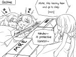  3girls bangs bare_arms closed_eyes comic commentary drooling english english_commentary eyebrows_visible_through_hair fang gambier_bay_(kantai_collection) girls_frontline guin_guin gun hair_between_eyes hairband kantai_collection long_hair low-tied_long_hair messy_hair mk48_(girls_frontline) multiple_girls s.a.t.8_(girls_frontline) short_sleeves sleeping sleeveless speech_bubble triangle_mouth under_covers weapon zzz 
