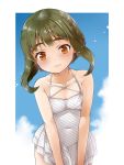  1girl alternate_costume blue_sky blush breasts chi_gura-ya closed_mouth eyebrows_visible_through_hair green_hair highres kantai_collection looking_at_viewer orange_eyes short_hair_with_long_locks sky small_breasts solo swimsuit takanami_(kantai_collection) wavy_mouth white_swimsuit 