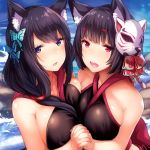  2girls animal_ears azur_lane bare_shoulders bikini black_bikini black_hair blue_eyes blush breasts butterfly_hair_ornament cat_ears day eyebrows_visible_through_hair fox_mask fusou_(azur_lane) hair_ornament interlocked_fingers large_breasts long_hair looking_at_viewer mask mask_on_head multiple_girls open_mouth outdoors red_eyes short_hair sky smile swimsuit tobimura water yamashiro_(azur_lane) 