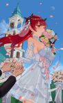  1girl answer_(l_c123) azur_lane bangs bare_shoulders blue_sky blush bouquet bow breasts bridal_gauntlets church closed_mouth day dress earrings eyebrows_visible_through_hair flower grey_rose hair_ornament highres honolulu_(azur_lane) jewelry large_breasts moon out_of_frame outdoors pink_bow pink_flower pink_rose ring rose sky solo_focus standing veil wedding wedding_band wedding_dress white_dress yellow_flower yellow_rose 