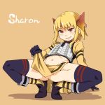  1girl armor black_gloves blonde_hair character_name commentary fang full_body gensou_suikoden gensou_suikoden_iii gloves headgear long_bangs midriff navel open_mouth red_eyes sharon_(suikoden) short_hair smirk solo thigh-highs yucopi 