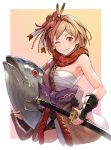  1girl ;d animal armpits bandage bare_shoulders blonde_hair bow breasts brown_eyes commentary_request cropped_legs djeeta_(granblue_fantasy) floral_print flower gradient gradient_background granblue_fantasy grin hair_flower hair_ornament hinami_(hinatamizu) holding holding_animal holding_sword holding_weapon japanese_clothes katana kimono large_bow looking_at_viewer medium_breasts one_eye_closed open_clothes open_kimono open_mouth pink_background pink_kimono print_scarf purple_bow red_flower red_scarf rope sarashi scarf sheath sheathed shiny shiny_hair short_hair single_hair_intake smile solo sword teeth tuna vambraces weapon 