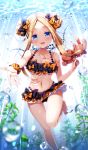  1girl :d abigail_williams_(fate/grand_order) air_bubble ass_visible_through_thighs barefoot bikini black_bow blonde_hair blue_eyes bow bubble collarbone commentary_request double_bun eyebrows_visible_through_hair fate/grand_order fate_(series) frilled_bikini frills hair_bow highres long_hair looking_at_viewer multicolored multicolored_bikini multicolored_clothes navel open_mouth orange_bow outstretched_arm polka_dot polka_dot_bow sasai_saji scrunchie seaweed smile solo stuffed_animal stuffed_toy swimsuit teddy_bear thigh_gap underwater wrist_scrunchie 