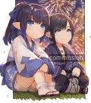  1boy 1girl akizone black_hair blue_eyes blue_ribbon closed_mouth commentary commission earrings english_commentary final_fantasy final_fantasy_xiv fireworks grey_eyes hair_ribbon indian_style japanese_clothes jewelry kimono lalafell long_sleeves obi ponytail purple_hair ribbon ring sandals sash sitting smile summer_festival tabi watermark white_legwear wide_sleeves yukata 