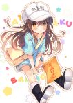  bag baseball_cap blush boots brown_hair commentary_request eyebrows_visible_through_hair eyebrows_visible_through_hat flag hat hataraku_saibou highres kindergarten_uniform long_hair messenger_bag platelet_(hataraku_saibou) shorts shoulder_bag tesumint yellow_eyes 