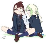  2girls bandaid_on_cheek black_jacket blue_eyes blue_legwear brown_hair brown_shorts commentary_request dated diana_cavendish green_hair indian_style jacket kagari_atsuko little_witch_academia loafers long_hair long_sleeves multiple_girls one_eye_closed parted_lips purple_skirt red_eyes shoes shorts signature simple_background sitting skirt socks topknot tsukudani_(coke-buta) white_background 