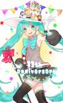  1girl black_legwear black_skirt blue_bow blue_eyes blue_hair blush bow character_doll english etto_eat gloves happy_birthday hat hatsune_miku highres holding_microphone_stand microphone microphone_stand open_mouth skirt smile solo thigh-highs vocaloid white_gloves white_hat 