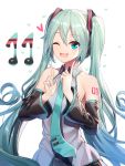  1girl ;d bangs bare_shoulders black_skirt blue_hair blush collared_shirt commentary_request detached_sleeves eyebrows_visible_through_hair fingernails gradient_hair green_eyes green_hair green_nails green_neckwear grey_shirt hair_between_eyes hair_ornament hands_up hatsune_miku headphones heart highres index_finger_raised long_hair long_sleeves looking_at_viewer multicolored_hair nail_polish necktie nose_blush one_eye_closed open_mouth pleated_skirt ririko_(zhuoyandesailaer) shirt skirt sleeveless sleeveless_shirt smile solo twintails very_long_hair vocaloid 