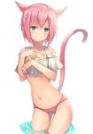  1girl animal_ears bangs bare_shoulders bikini blue_eyes cat_ears cat_girl cat_tail closed_mouth facial_mark final_fantasy final_fantasy_xiv highres miqo&#039;te navel pink_hair short_hair simple_background smile solo swimsuit tail tail_raised tota_(sizukurubiks) v-shaped_eyebrows wading water white_background 