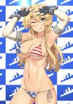  1girl absurdres american_flag_bikini bikini blonde_hair blue_background blue_eyes breasts checkered checkered_background closed_mouth collarbone elbow_gloves flag_print gloves highres iowa_(kantai_collection) kantai_collection large_breasts long_hair looking_at_viewer navel one_eye_closed side-tie_bikini skindentation smile solo soushou_nin star star-shaped_pupils swimsuit symbol-shaped_pupils tongue tongue_out two-tone_background upper_body v white_background 