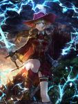  1girl artist_name belt brown_hair cape clenched_teeth cliff electricity gold_trim hat hat_feather holding holding_sword holding_weapon lightning long_hair original ponytail red_hat sheath sidelocks solo sonchi sword teeth thigh_strap unsheathed weapon 