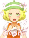  1girl bel_(pokemon) blonde_hair clenched_hands commentary_request creatures_(company) game_freak green_hat hands_up hat jacket looking_at_viewer medium_hair nintendo orange_jacket pokemon pokemon_(game) pokemon_bw short_hair smile solo 