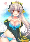  1girl bikini blue_bikini bow breasts dragon_horns eyebrows_visible_through_hair eyes_visible_through_hair fate/grand_order fate_(series) frilled_bikini frills grey_hair hair_ribbon horns ittokyu kiyohime_(fate/grand_order) kiyohime_(swimsuit_lancer)_(fate) navel open_mouth ponytail red_eyes ribbon see-through swimsuit yellow_ribbon 