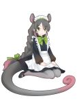  1girl animal_ears apron black_footwear bow bowtie braid common_ringtail_possum_(kemono_friends) extra_ears frilled_apron frills full_body gradient_hair green_eyes green_neckwear green_ribbon grey_hair grey_legwear hair_ribbon ise_(0425) kemono_friends long_hair long_sleeves long_tail looking_at_viewer maid maid_headdress multicolored_hair pantyhose pink_hair puffy_sleeves ribbon shoes simple_background sitting smile solo tail very_long_hair white_background 