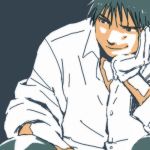  1boy black_eyes black_hair blue_background close-up elbows_on_knees fullmetal_alchemist gloves hand_on_own_chin looking_away lowres male_focus mattsu roy_mustang shaded_face shirt short_hair simple_background sitting smile upper_body white_gloves white_shirt 