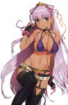  1girl :p bangs bare_shoulders bb_(fate)_(all) bb_(fate/extra_ccc) bb_(swimsuit_mooncancer)_(fate) belt_buckle between_breasts bikini black_gloves black_legwear black_shorts blush breasts buckle cleavage closed_mouth collarbone commentary_request dark_skin earrings eyebrows_visible_through_hair fate/grand_order fate_(series) fingerless_gloves fingernails gloves hair_between_eyes hair_ornament hair_ribbon head_tilt highres jewelry large_breasts micro_shorts nail_polish navel pink_nails pink_ribbon purple_bikini ribbon shibainu shorts simple_background smile solo star star_earrings star_hair_ornament swimsuit thigh-highs tongue tongue_out violet_eyes white_background white_belt 
