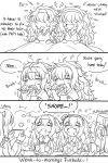 4girls :d bangs brushing_teeth closed_eyes comic commentary english english_commentary fang gambier_bay_(kantai_collection) girls_frontline greyscale guin_guin hairband hat highres holding kantai_collection lightning_bolt long_hair long_sleeves messy_hair monochrome multiple_girls open_mouth s.a.t.8_(girls_frontline) shared_speech_bubble smile speech_bubble triangle_mouth ump9_(girls_frontline) 