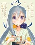  1girl ahoge blue_hair chopsticks eating floral_print green_kimono grey_eyes grey_hair hair_between_eyes hair_ribbon highres japanese_clothes kantai_collection kimono kiyoshimo_(kantai_collection) kujira_naoto long_hair looking_at_viewer low_twintails mouth_hold multicolored multicolored_ribbon print_kimono ribbon solo translated twintails upper_body very_long_hair yakisoba yukata 