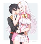  1boy 1girl bangs bare_shoulders black_hair blue_eyes blue_neckwear blush bracelet breasts collared_shirt commentary_request couple darling_in_the_franxx eyebrows_visible_through_hair fangs grey_eyes grey_shirt grey_shorts hand_on_another&#039;s_arm hand_on_another&#039;s_head hand_on_own_wrist hetero hiro_(darling_in_the_franxx) horns hug hug_from_behind jewelry long_hair long_sleeves looking_at_another looking_back medium_breasts military military_uniform necktie oni_horns pink_bracelet shirt short_shorts shorts signature silver_hair sleeveless sleeveless_shirt thighs toma_(norishio) uniform white_shirt white_shorts wing_collar zero_two_(darling_in_the_franxx) 
