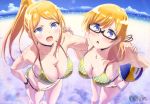  2girls absurdres ball bangs bare_legs beach beach_volleyball bikini blonde_hair blue_eyes breasts cleavage clouds day eyebrows_visible_through_hair fang foreshortening glasses hand_on_another&#039;s_shoulder hand_on_hip harukana_receive highres large_breasts megami multiple_girls navel o-ring o-ring_bikini o-ring_bottom ocean open_mouth outdoors ponytail sand semi-rimless_eyewear shiny shiny_skin siblings sisters sky smile sparkle standing swimsuit thomas_claire thomas_emily under-rim_eyewear volleyball 