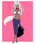  1girl animal_ear_fluff animal_ears bangs bare_arms bare_shoulders barefoot bikini_top blue_eyes blue_ribbon breasts cleavage closed_mouth collarbone crossed_legs dark_skin eyebrows_visible_through_hair fox_ears fox_girl fox_tail green_eyes groin hair_between_eyes hair_ribbon hand_up head_tilt heterochromia highres kiyomin large_breasts legs_crossed long_hair looking_at_viewer navel original pink_background red_collar ribbon sarong silver_hair smile solo standing tail translated two-tone_background two_side_up very_long_hair watson_cross white_background white_bikini_top 