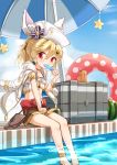  1girl absurdres belt blonde_hair commentary_request container eating flower food fruit girls_frontline hair_flower hair_ornament hat highres innertube looking_at_viewer matsuo_(matuonoie) military_jacket nagant_revolver_(girls_frontline) parasol pool popsicle red_eyes remodel_(girls_frontline) shorts sky solo star swimsuit umbrella watermelon 