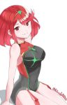  1girl bangs breasts grimmelsdathird highres pyra_(xenoblade) jewelry large_breasts looking_at_viewer nintendo one-piece_swimsuit red_eyes redhead short_hair sidelocks simple_background smile solo swept_bangs swimsuit tiara white_background xenoblade_(series) xenoblade_2 