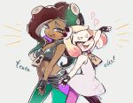  +_+ 2girls bangs black_shorts black_skin blunt_bangs blush breasts cephalopod_eyes cleavage commentary crop_top crown domino_mask dress english fingerless_gloves gloves gradient_hair green_eyes green_hair green_legwear hands_together headphones hime_(splatoon) iida_(splatoon) interlocked_fingers long_hair looking_at_viewer mask medium_breasts mole mole_under_mouth multicolored multicolored_hair multicolored_skin multiple_girls notice_lines octarian open_mouth pantyhose pantyhose_under_shorts pink_hair pink_legwear pink_pupils pose short_dress short_hair shorts sleeveless sleeveless_dress smile smirk splatoon splatoon_(series) splatoon_2 standing suction_cups tentacle_hair twitter_username ueda_kou white_dress white_hair yellow_eyes zipper zipper_pull_tab 