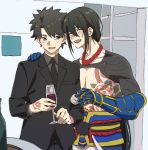  2boys :d alcohol black_jacket black_neckwear black_pants blue_eyes champagne_flute closed_eyes collared_shirt command_spell commentary_request cup drinking_glass eyebrows_visible_through_hair fate/grand_order fate_(series) fujimaru_ritsuka_(male) gauntlets grey_hair grey_shirt hand_on_another&#039;s_shoulder highres holding jacket jewelry long_hair looking_at_another male_focus mi_(pic52pic) multiple_boys necklace necktie open_mouth pants ponytail shirt shirtless smile standing tattoo wine wine_glass wing_collar yan_qing_(fate/grand_order) 