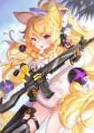  1girl animal_ears bangs blonde_hair blue_eyes braid eyebrows_visible_through_hair g41_(girls_frontline) gloves gun hair_between_eyes hair_ornament hair_ribbon heterochromia highres long_hair looking_at_viewer low-tied_long_hair open_mouth ponytail red_eyes ribbon school_swimsuit sibyl solo swimsuit very_long_hair water_drop weapon white_school_swimsuit white_swimsuit 