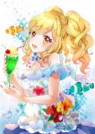  1girl :d aikatsu!_(series) aikatsu_stars! animal bangs bare_shoulders bendy_straw blonde_hair blouse blush cherry clownfish collarbone commentary_request cup drink drinking_glass drinking_straw eyebrows_visible_through_hair fingernails fish floral_print food fruit hair_between_eyes head_tilt highres holding holding_cup ice_cream ice_cream_float long_hair looking_at_viewer looking_to_the_side nail_polish nijino_yume off-shoulder_blouse off_shoulder open_mouth print_blouse puracotte purple_nails purple_skirt red_eyes signature skirt smile solo twintails white_blouse 