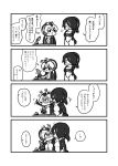  black_hair blonde_hair blush comic emperor_penguin_(kemono_friends) eyebrows_visible_through_hair greyscale hair_over_one_eye headphones highres hood hoodie hug ink kemono_friends kotobuki_(tiny_life) leotard monochrome multicolored_hair nose_blush open_clothes penguin_tail quill royal_penguin_(kemono_friends) short_hair tail translation_request twintails white_hair 