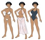  1girl bare_arms bare_legs bare_shoulders bikini black_eyes black_hair black_swimsuit breasts cleavage closed_mouth commentary_request halterneck hand_on_hip jewelry large_breasts multiple_views navel necklace nefertari_(tsukudani) one-piece_swimsuit original sarong short_hair smile swimsuit tsukudani_(coke-buta) white_bikini 