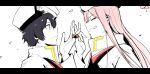  1boy 1girl absurdres bangs black_hair blue_eyes chicke_iii closed_eyes coat commentary couple darling_in_the_franxx eyebrows_visible_through_hair face-to-face facing_another fang hand_up hat hetero highres hiro_(darling_in_the_franxx) letterboxed limited_palette long_hair long_sleeves looking_at_another military military_uniform peaked_cap petals pink_hair uniform zero_two_(darling_in_the_franxx) 