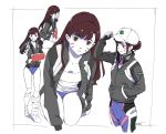 1girl arm_sling arm_support bandage bandaged_arm bandaged_leg bandages bandaid bodysuit breasts brown_hair cast cleavage d.va_(overwatch) hair_bun hand_in_pocket hat headphones highres injury jacket kneeling long_sleeves open_clothes overwatch parted_lips ribbed_bodysuit shooting_star_d.va shorts simple_background sitting smile solo_focus standing taisos tank_top v whisker_markings white_background white_skin