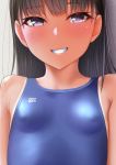  1girl :d bangs bare_shoulders black_hair blue_swimsuit breasts commentary_request competition_swimsuit covered_nipples eyebrows_visible_through_hair grin kanzaki_muyu long_hair one-piece_swimsuit one-piece_tan open_mouth original small_breasts smile solo straight_hair swimsuit tan tanline teeth upper_body violet_eyes 