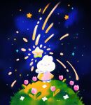  dress flower glowing grass highres meyoco no_humans original pink_dress pink_flower rabbit sky star_(sky) starry_sky white_flower wide_shot 