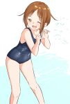  1girl ;d bare_arms bare_shoulders blue_swimsuit blush brown_eyes brown_hair collarbone commentary_request hands_up highres one-piece_swimsuit one_eye_closed open_mouth original school_swimsuit short_hair smile solo standing swimsuit upper_teeth water white_background yuki_arare 