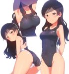  1girl armpits arms_behind_back arms_up ass black_swimsuit brown_eyes brown_hair competition_swimsuit cowboy_shot embarrassed enamasa idolmaster idolmaster_million_live! kitazawa_shiho long_hair looking_at_viewer looking_down multiple_views one-piece_swimsuit standing swimsuit wavy_hair 